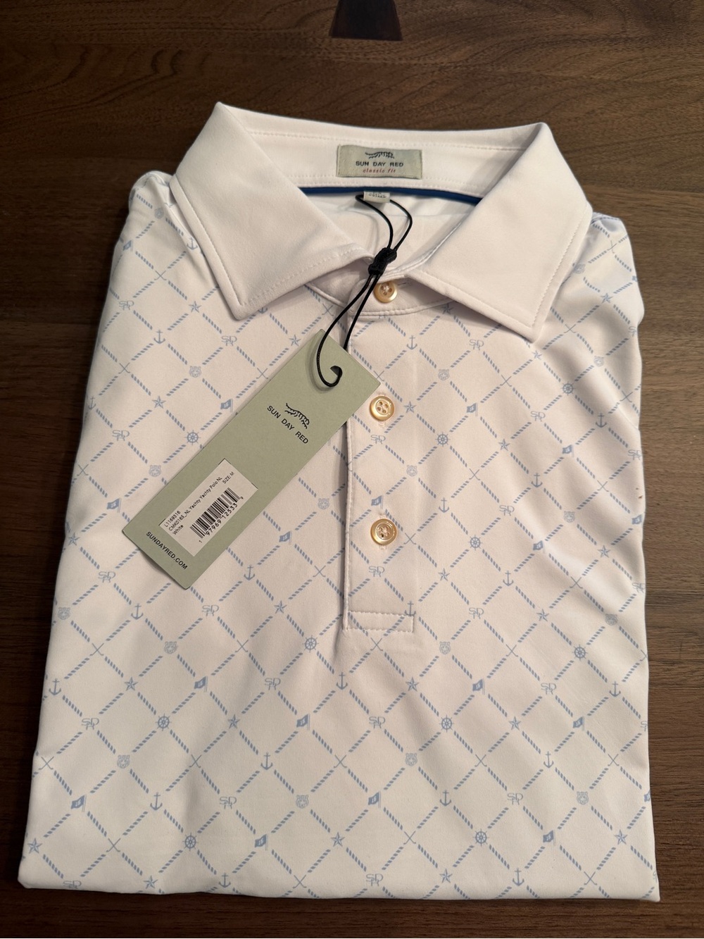 Sun Day Red Men's White Polo with Light Blue Anchor Diamond Print- Yachty Yachty